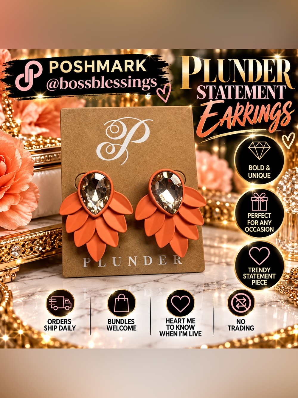 🧡 Plunder Coral Floral Statement Earrings | Crystal Accent